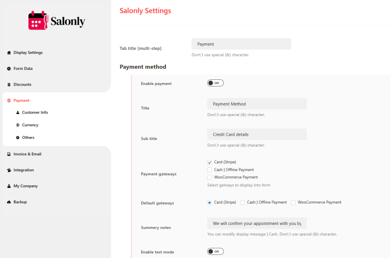 Payment Settings - Documentation - Salonly