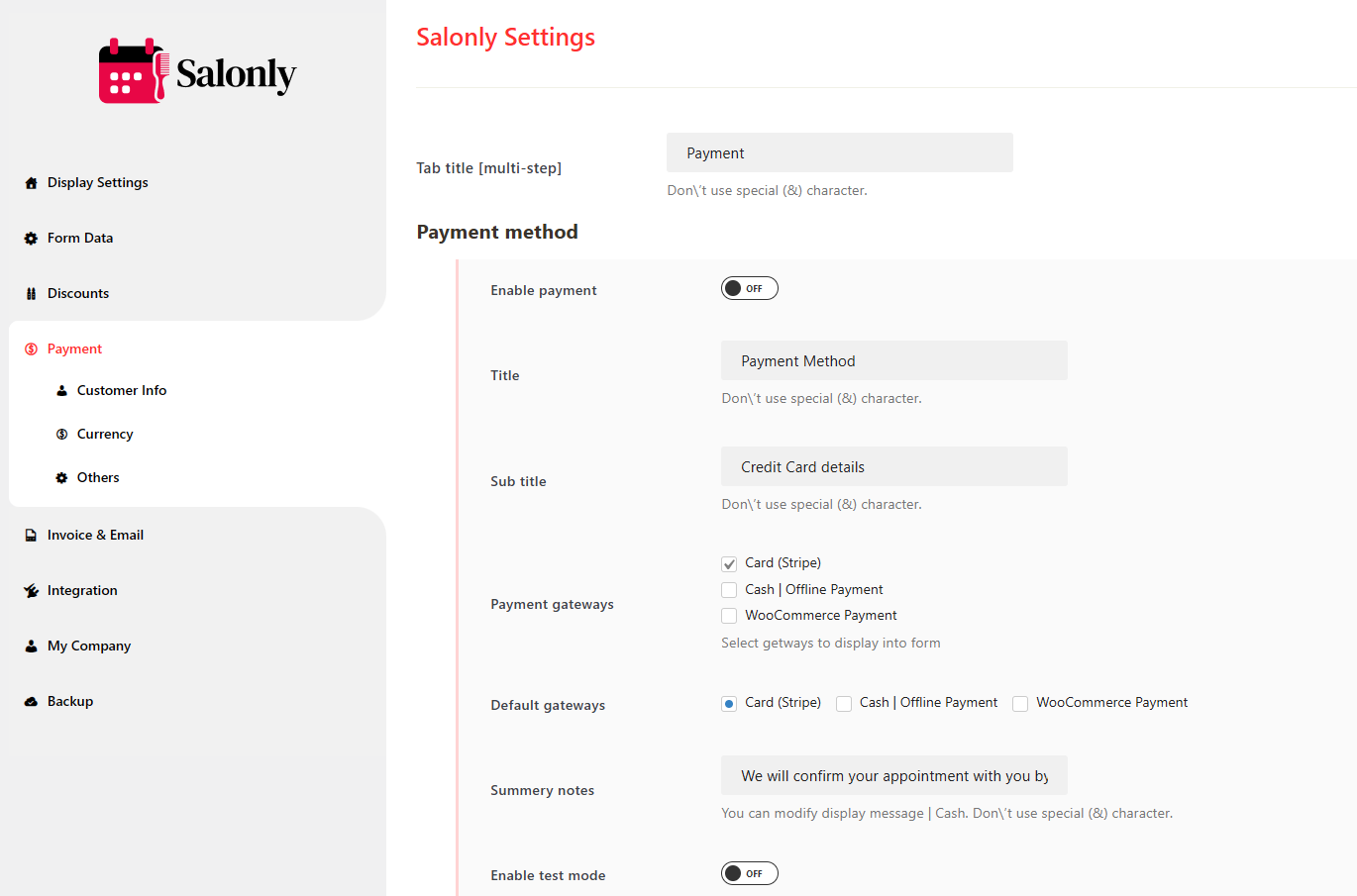 Payment Settings - Documentation - Salonly